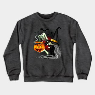 Witch with Jack O'Lantern and Bats Crewneck Sweatshirt